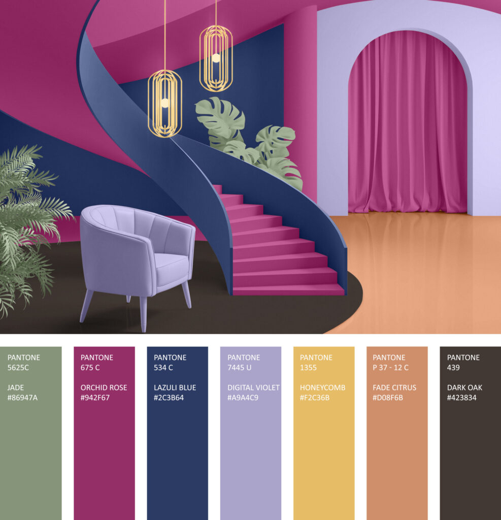 Surrealist 2026 interior rendering featuring a digital violet armchair, a magenta curved staircase, and an orange floor.
