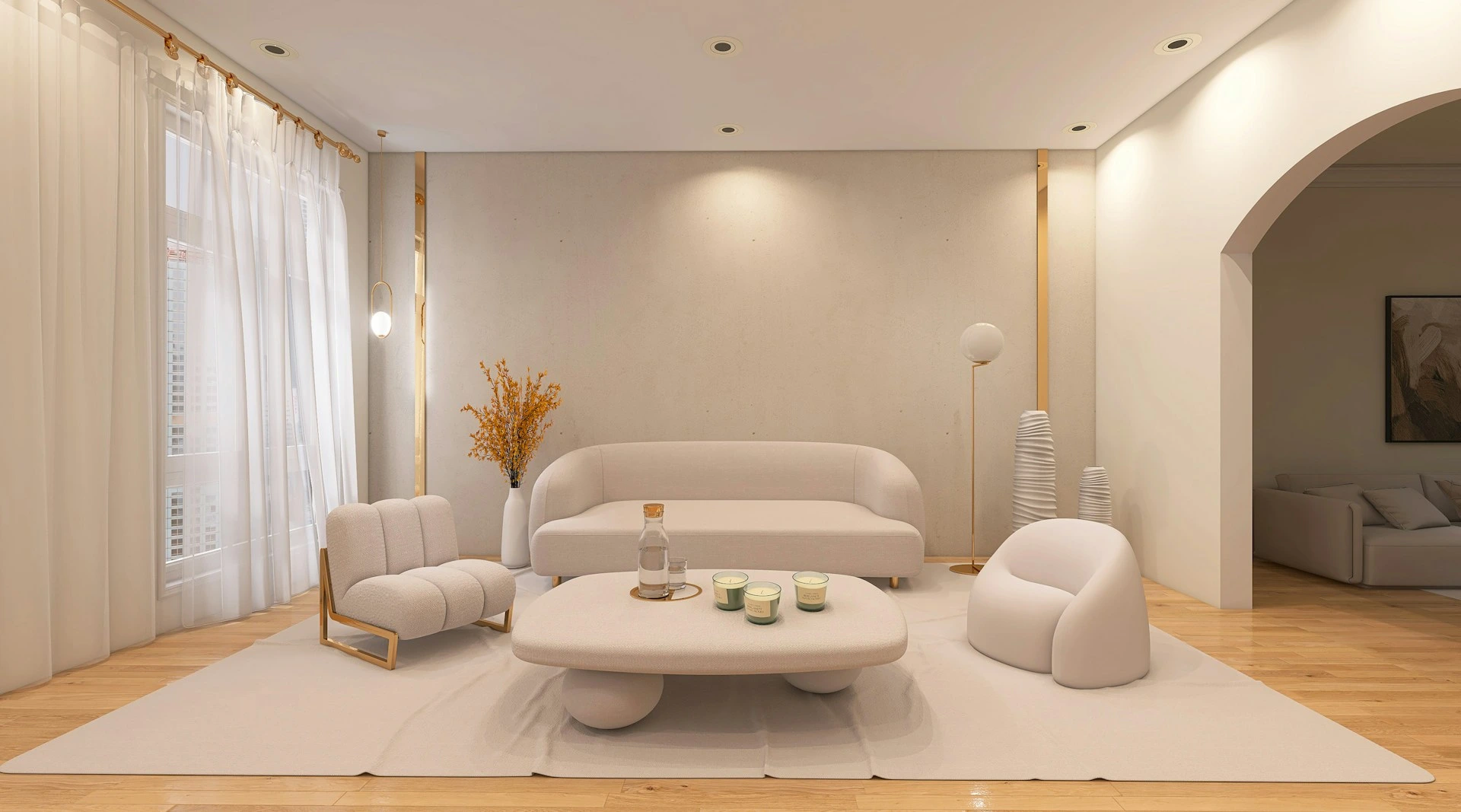 Modern minimal living room featuring cream boucle furniture, warm beige textured walls, and light wood flooring for 2026.