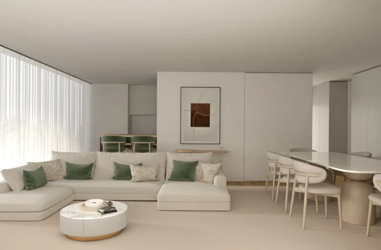 Interior design application of the 60-30-10 rule using creamy linen walls, light oak furniture, and forest green accents.