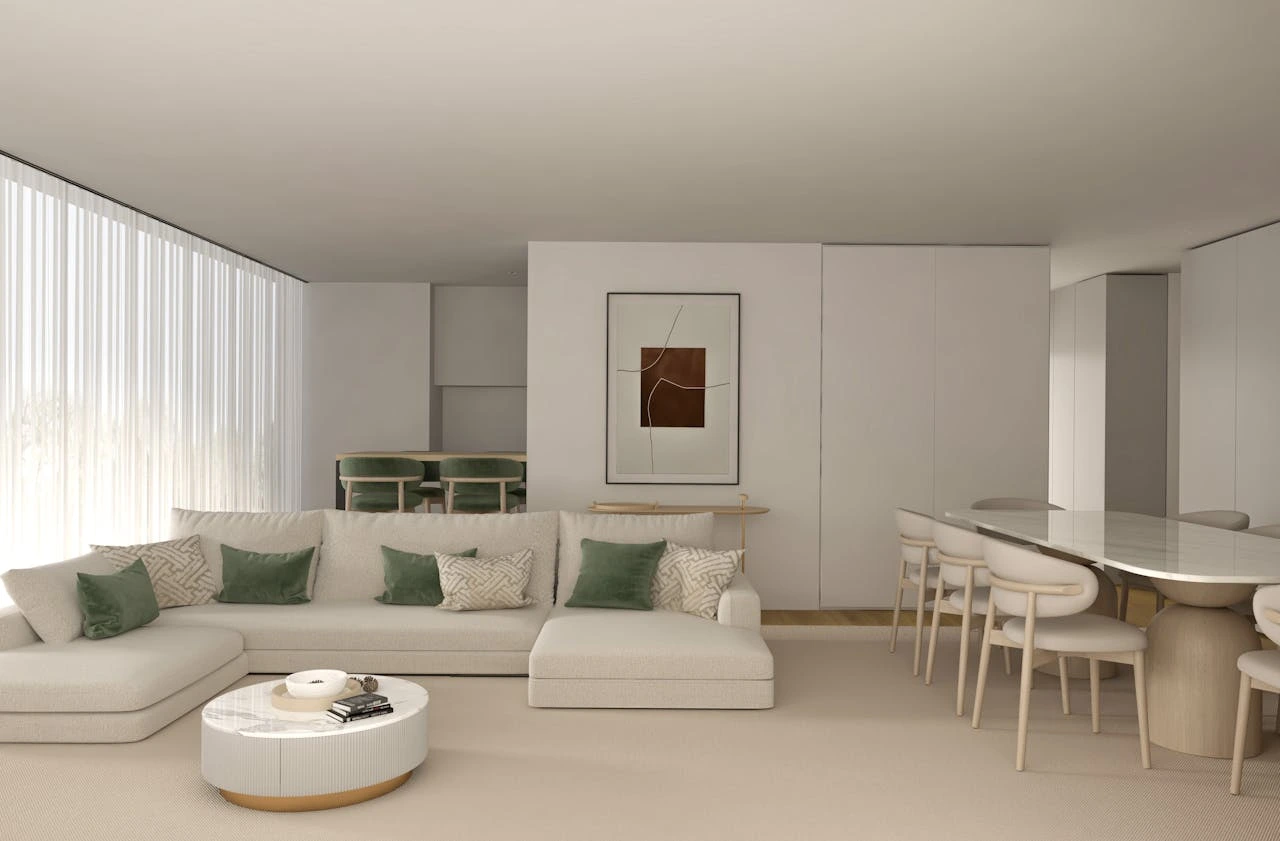 Interior design application of the 60-30-10 rule using creamy linen walls, light oak furniture, and forest green accents.