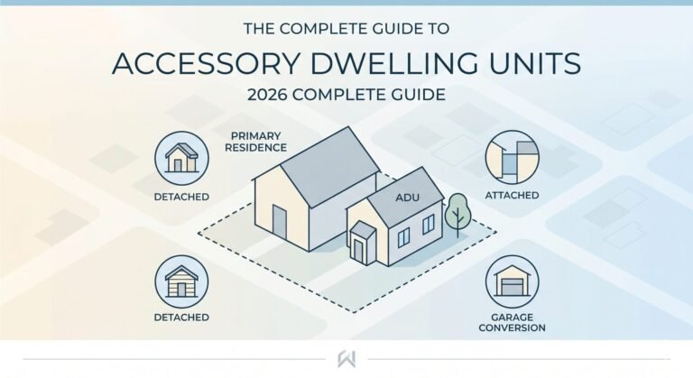 A clean, minimalist architectural diagram showing a primary residence and a secondary ADU on the same lot. Icons illustrate four common types: Detached, Attached, Garage Conversion, and Detached backyard cottage, using a professional light blue and cream color palette.