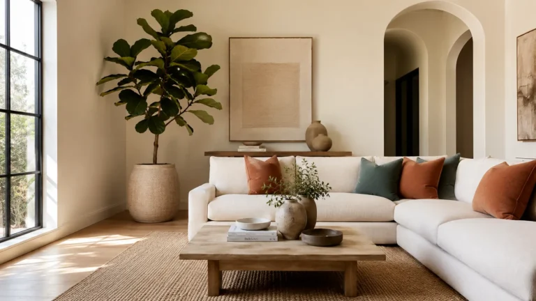 A high-end, photorealistic modern organic living room featuring soft creamy ivory walls, a cream linen sectional sofa with terracotta and smoky jade pillows, a white oak coffee table, woven jute rug, and a large fiddle-leaf fig plant. The space is styled with natural textures and biophilic design elements, lit by soft natural daylight from a large window in an editorial interior design photography style.