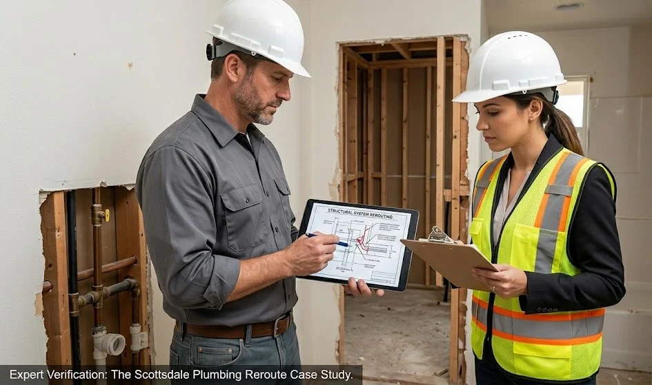A male contractor and female inspector wearing hard hats review a digital blueprint titled 'Structural System Rerouting' on a tablet next to exposed plumbing lines during a home remodel. Text reads 'Expert Verification