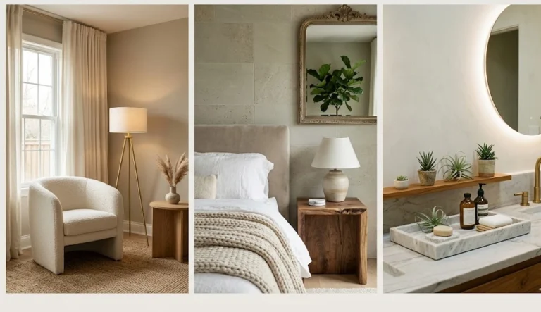 A three-panel interior design collage showcasing 2026 quiet luxury decor trends, featuring a warm minimalist living room corner with a boucle armchair, a serene bedroom with textured linen bedding, and a biophilic bathroom vanity with a marble tray and warm backlit mirror.