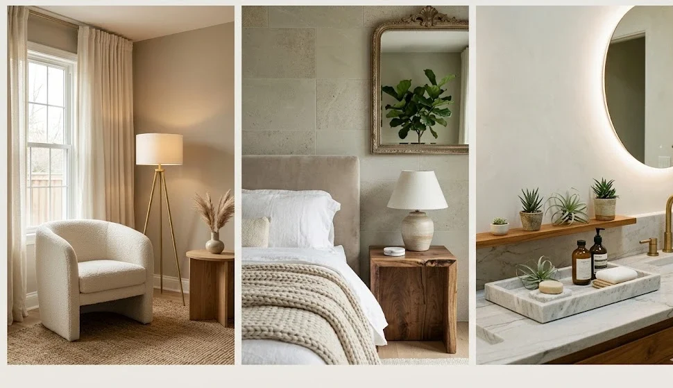 A three-panel interior design collage showcasing 2026 quiet luxury decor trends, featuring a warm minimalist living room corner with a boucle armchair, a serene bedroom with textured linen bedding, and a biophilic bathroom vanity with a marble tray and warm backlit mirror.