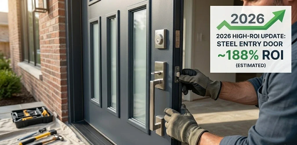Close-up of gloved hands installing a modern dark gray steel front entry door with a graphic overlay stating '2026 High-ROI Update: Steel Entry Door ~188% ROI Estimated'. Tools sit on a canvas drop cloth below.