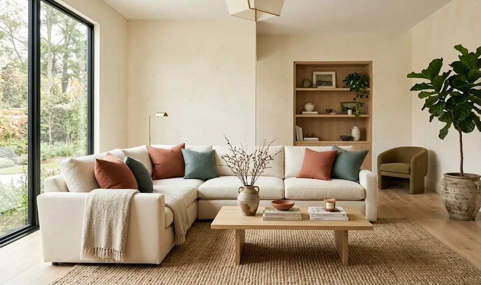 A high-end, professional architectural photograph of a modern organic living room. The space features a plush cream linen sectional sofa adorned with matte terracotta clay and smoky jade teal throw pillows. In the center sits a natural white oak wood coffee table over a textured woven jute rug. Warm, creamy ivory walls and soft ambient light pouring from a large window create a serene atmosphere, complemented by a large potted fiddle-leaf fig plant and a built-in white oak bookshelf in the background.