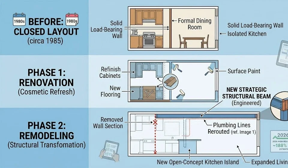 A three-part architectural blueprint layout mapping a home transformation: Before (1980s closed layout), Phase 1 (Renovation cosmetic refresh with paint and flooring), and Phase 2 (Remodeling structural transformation highlighting a new strategic engineered structural beam and open-concept island).