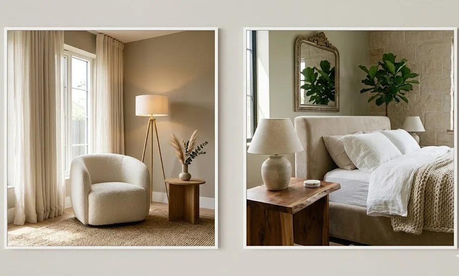 A side-by-side interior design showcase featuring an organic modern living room corner with a textured jute rug and brass tripod floor lamp on the left, and a luxurious Japandi bedroom with an upholstered headboard, natural wood nightstand, and a statement fiddle leaf fig plant on the right.