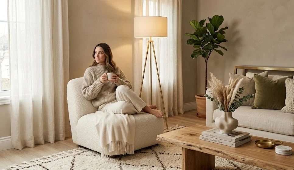 A cozy luxury living room scene featuring a woman in a knit sweater sitting in a cream boucle armchair with a warm drink. The room is styled with a three-source layered lighting scheme, a live fiddle leaf fig plant, an organic modern live-edge wood coffee table, and an oatmeal-colored sofa with velvet pillows.