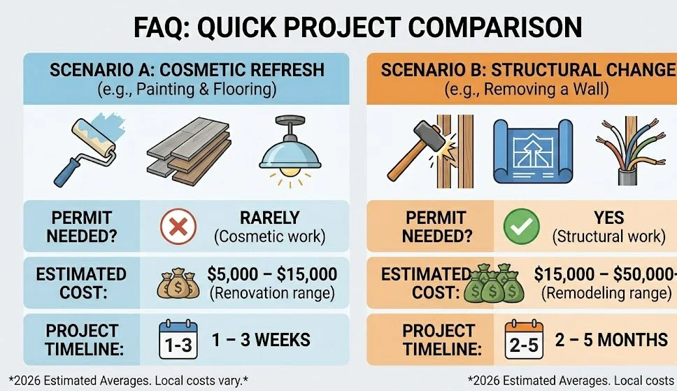 An infographic titled 'FAQ: Quick Project Comparison' contrasting Scenario A (Cosmetic Refresh like painting) and Scenario B (Structural Change like removing a wall) across permit needs, estimated costs, and project timelines.