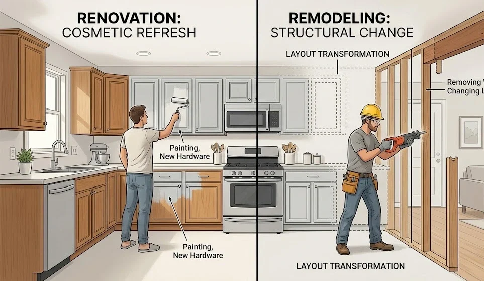 Split-screen illustration defining home updates. Left side shows a man painting kitchen cabinets labeled 'Renovation: Cosmetic Refresh'. Right side shows a contractor sawing wood framing labeled 'Remodeling: Structural Change, Layout Transformation'.