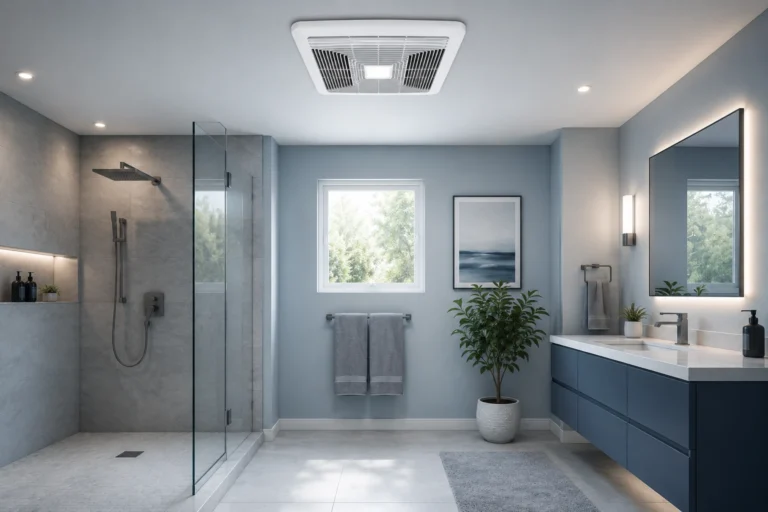 Modern bathroom with cool blue tones, glass walk-in shower, floating vanity, and ceiling-mounted bathroom exhaust fan.