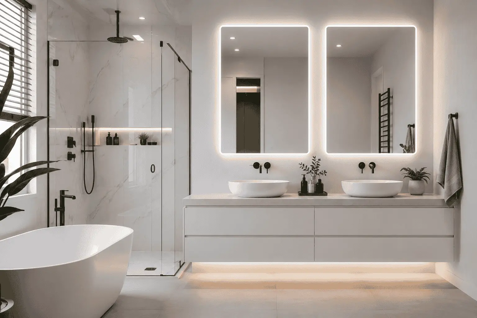 Modern white bathroom with illuminated LED mirrors, floating double vanity, frameless glass walk-in shower, freestanding bathtub, marble walls, and matte black fixtures in a clean contemporary design.