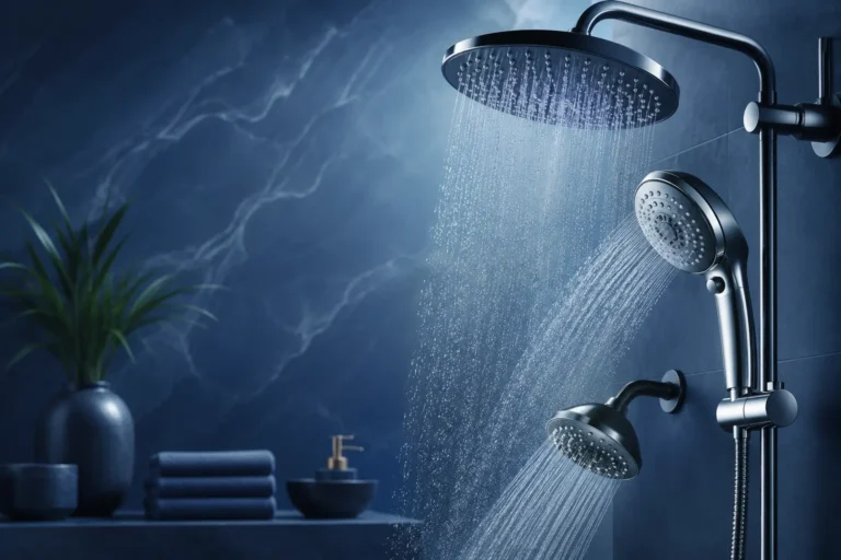 Modern chrome showerheads with flowing water in a luxury blue-tiled bathroom interior