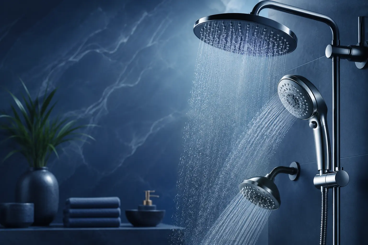 Modern chrome showerheads with flowing water in a luxury blue-tiled bathroom interior