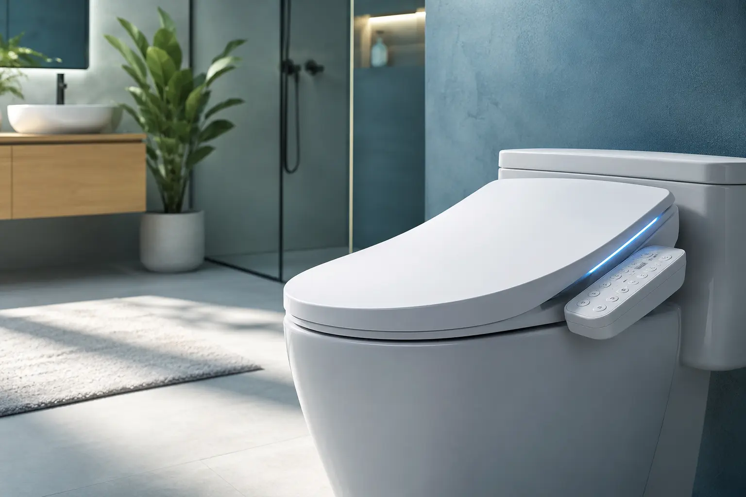 Modern bathroom with a premium bidet toilet seat installed, featuring a minimalist design, cool color palette, floating vanity, and luxury bathroom fixtures.