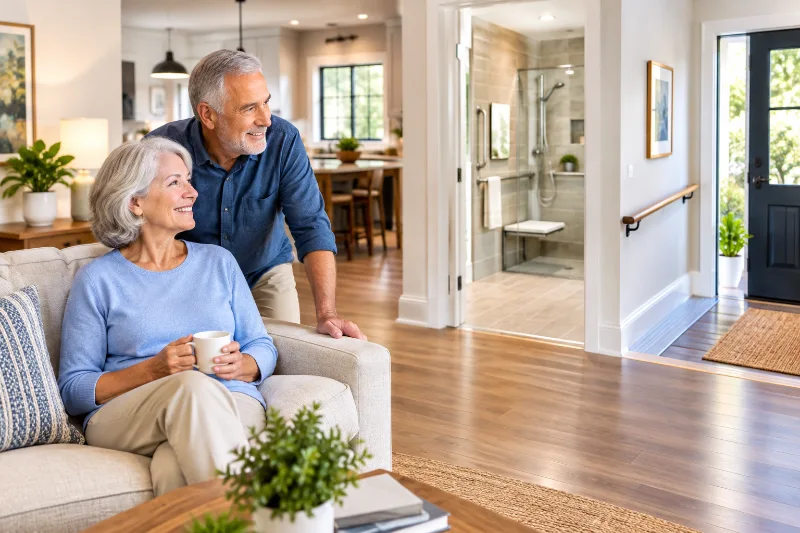 Modern aging-in-place home with an older couple, accessible bathroom, wide hallway, safe entryway, and comfortable open-plan living space.