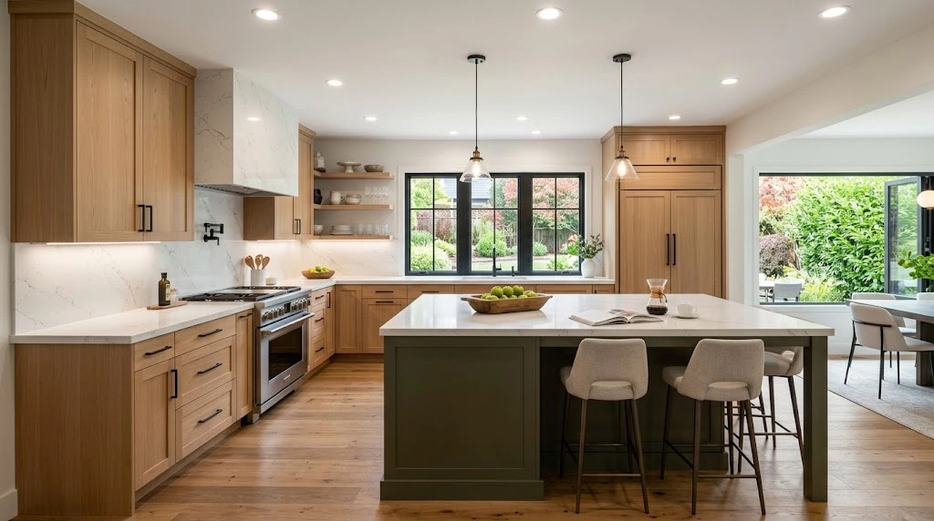 A modern, open-concept kitchen featuring warm light-oak wood cabinets, white quartz countertops, and a full-height marble backsplash. In the center, a large olive-green kitchen island is paired with two upholstered bar stools, lit by elegant glass pendant lights hanging from the ceiling. Stainless steel appliances, black window trim, and light hardwood floors complete the bright, airy design.