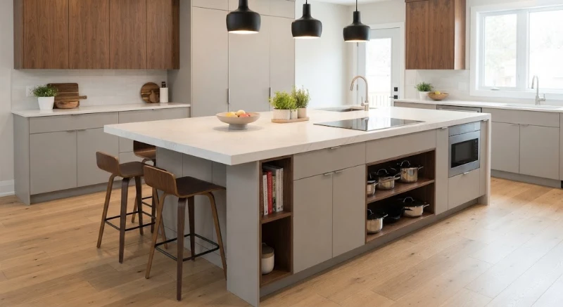 A modern kitchen island with a white countertop, featuring three mid-century style barstools, open shelving with pots and pans, built-in cabinetry, and a built-in microwave. The island is topped with a fruit bowl and potted plants. The surrounding kitchen includes wood and grey cabinets and hardwood flooring. Three black pendant lights hang above the island.