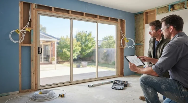 A construction site view of a renovation project showing exposed wall studs and pre-wiring for future motorised blinds around a large sliding glass door. Two workers review architectural plans on a tablet, illustrating the crucial step to Plan Motorised Blinds Before Plastering.