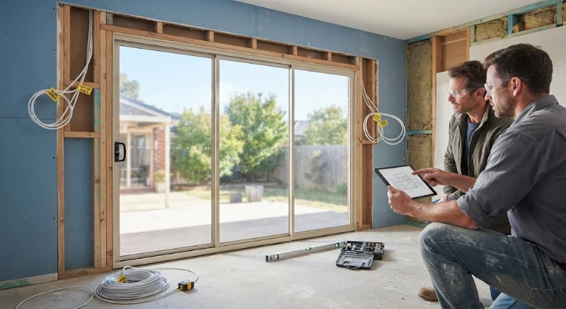 A construction site view of a renovation project showing exposed wall studs and pre-wiring for future motorised blinds around a large sliding glass door. Two workers review architectural plans on a tablet, illustrating the crucial step to Plan Motorised Blinds Before Plastering.