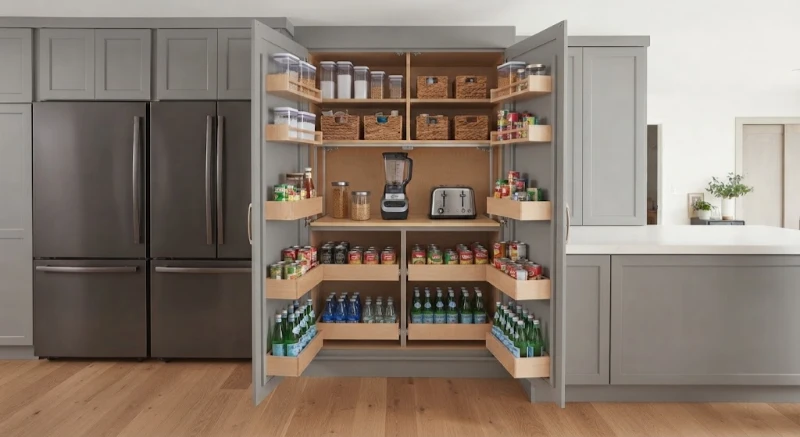 Pull-out drawers, pantry and appliance storage.