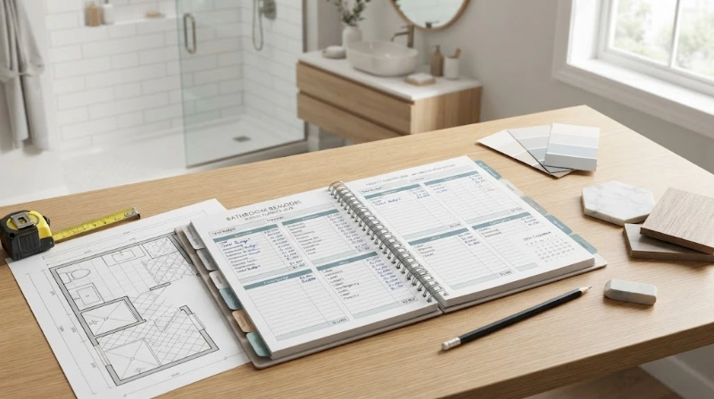A wooden desk holds an open spiral planner with budget tables next to architectural blueprints, a yellow tape measure, and color swatches. In the softly blurred background, a modern bathroom features white tile walls and a wooden vanity mirror.