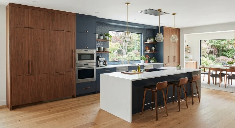 Modern kitchen interior featuring floor-to-ceiling rich walnut wood cabinets paired with dark painted navy cabinets, a large white quartz waterfall island, and matching wood barstools over light hardwood flooring.