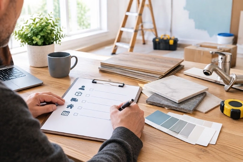 A person's hands in a grey sweater check off a list on a clipboard at a desk, surrounded by renovation samples like wood planks, marble tiles, and a faucet. This shows the process of Buying Your Own Renovation Materials.
