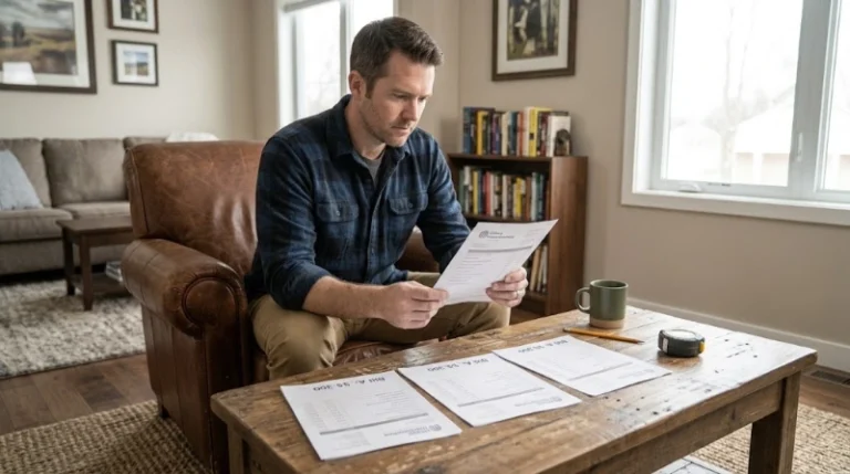 A man sitting in an armchair in a modern living room, carefully reading a contractor quote document while three other bid forms are laid out on the coffee table in front of him.