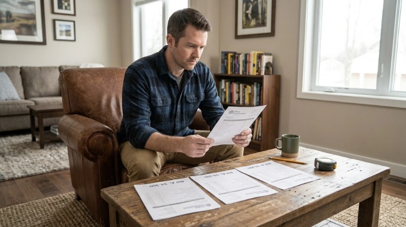 A man sitting in an armchair in a modern living room, carefully reading a contractor quote document while three other bid forms are laid out on the coffee table in front of him.